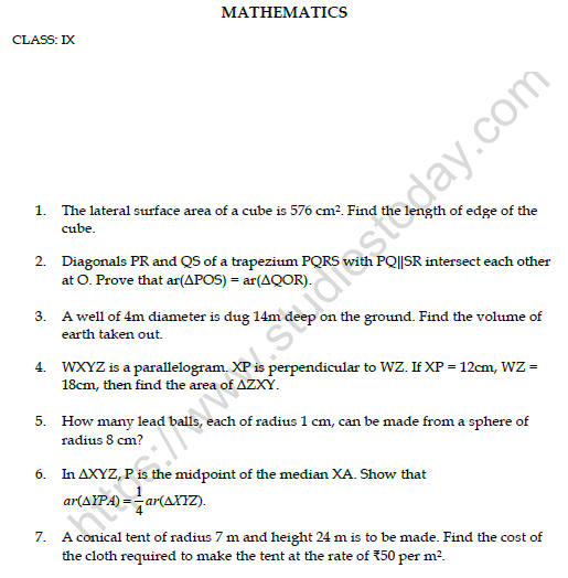 CBSE Class 9 Mathematics Worksheet Set C Solved 1
