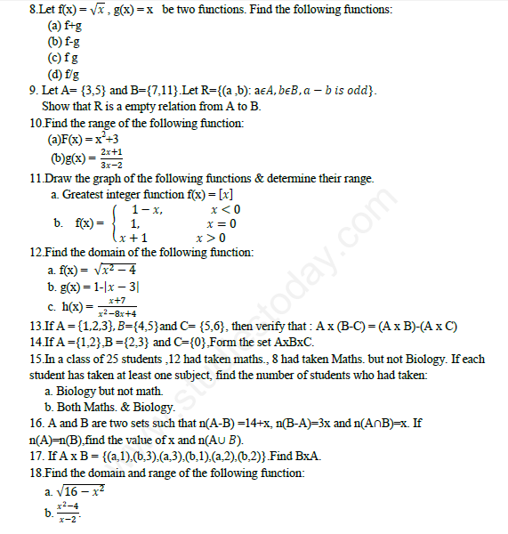 CBSE Class 11 Mathematics Relations and Functions Assignment Set B