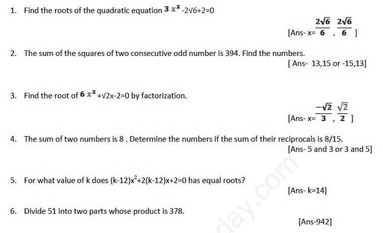 Quadratic Equations Assignment 19