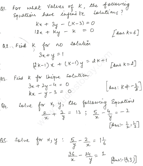 CBSE Class 10 Mathematics Linear Equations Assignment Set L