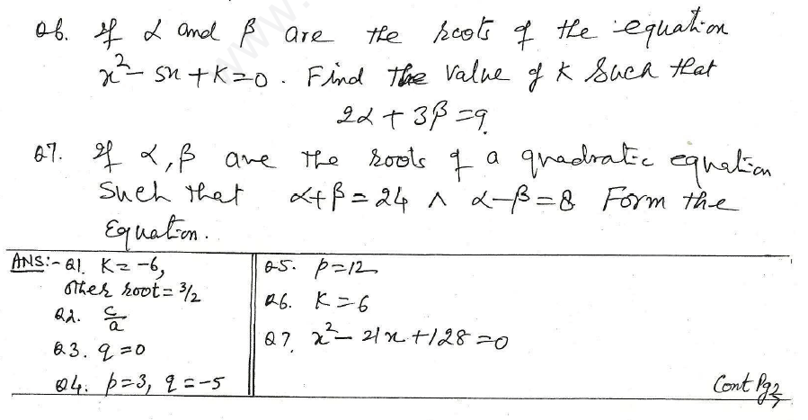 CBSE Class 10 Mathematics Quadratic Equations Assignment Set P