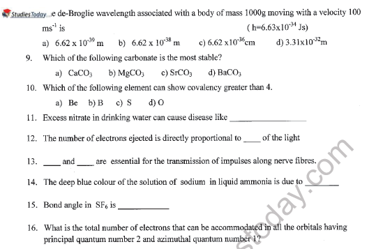 CBSE Class 11 Chemistry Sample Paper Set X 2