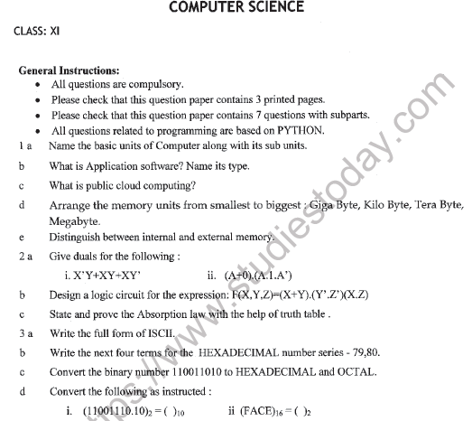 CBSE Class 11 Computer Science Question Paper Set Q Solved 1