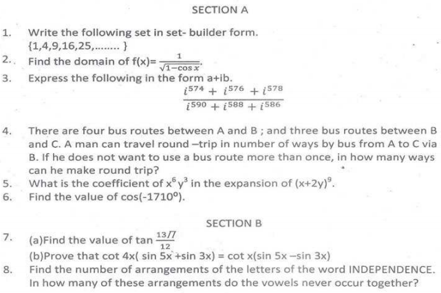 CBSE Class 11 Mathematics Sample Paper Set J
