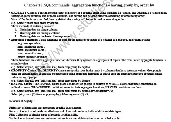 CBSE Class 12 Computer Science SQL Commands Aggregation Functions Notes 1