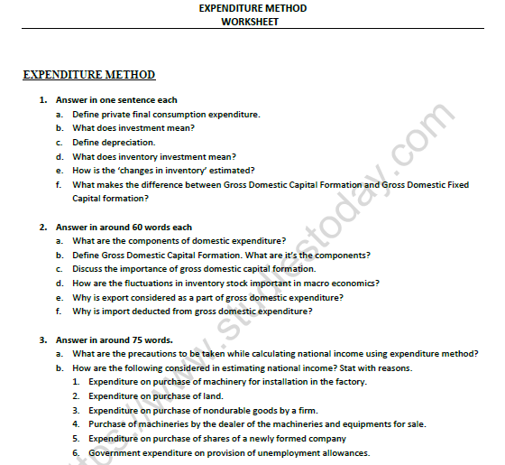 CBSE Class 12 Economics Expenditure Method Numericals Worksheet Set A 1