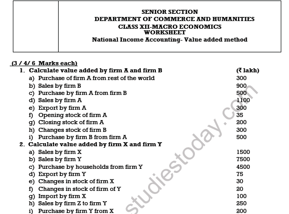 CBSE Class 12 Economics National Income Accounting Worksheet Set A 1