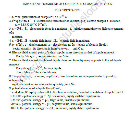 CBSE Class 12 Physics Important Formule Worksheet 1
