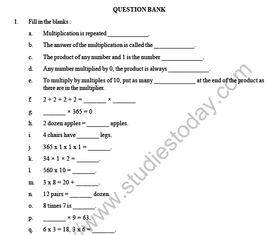 CBSE Class 3 Maths Multiplication Question Bank 1