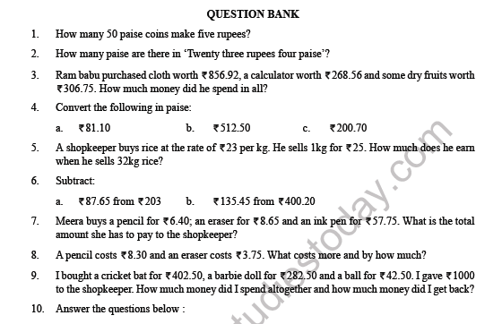 CBSE Class 4 Maths Money Question Bank 1