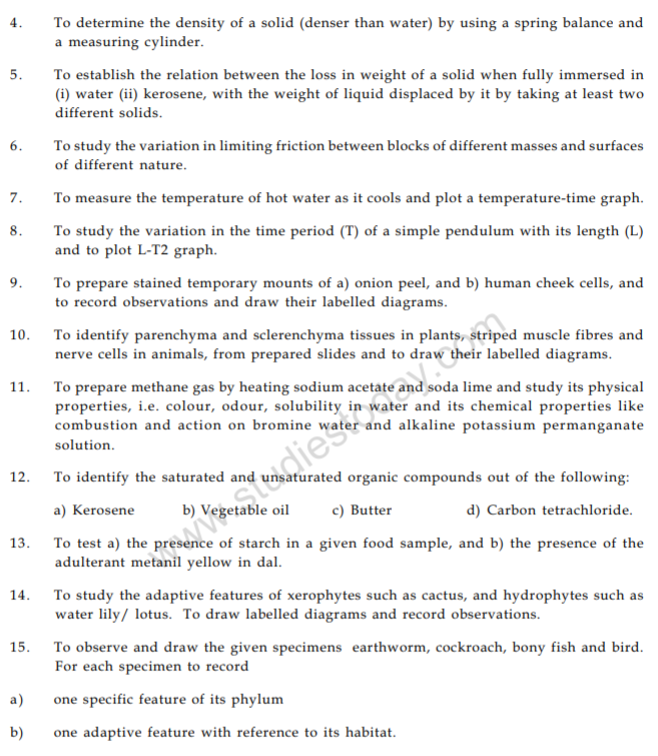CBSE Class 9 Science List Of Experiments Concepts for Science Revision
