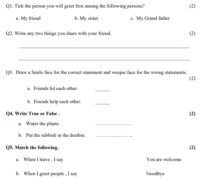 cbse class 1 moral science sample paper set a