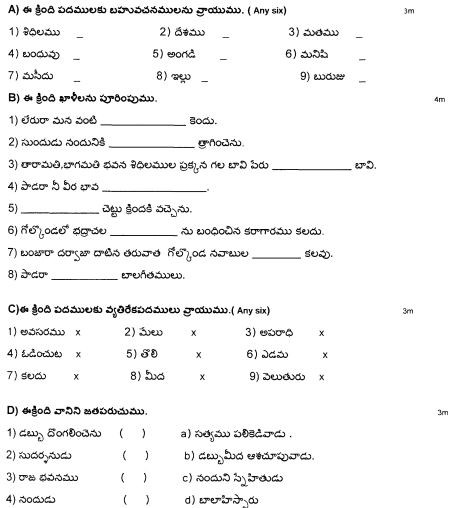 CBSE Class 6 Telegu Question Paper Set A