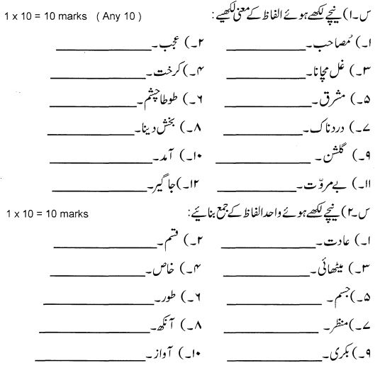 CBSE Class 6 Urdu Question Paper Set B