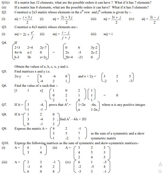 Cbse Class 12 Mathematics Matrices Worksheet Practice Worksheet For Matrices