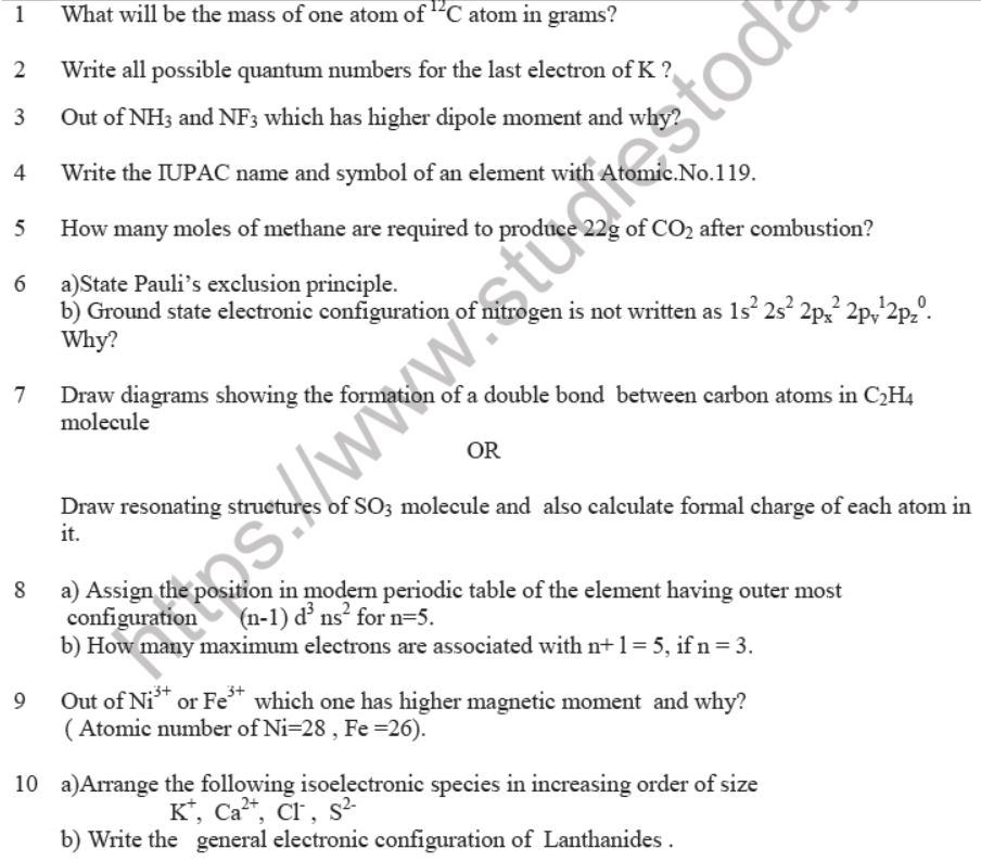 CBSE Class 11 Chemistry Question Paper Set M