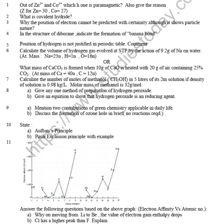 CBSE Class 11 Chemistry Question Paper Set S