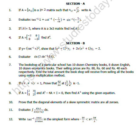 CBSE Class 12 Mathematics Question Paper 2020 Set A