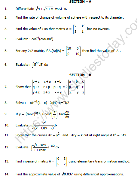 CBSE Class 12 Mathematics Question Paper 2020 Set C