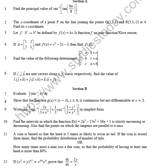 CBSE Class 12 Mathematics Question Paper 2021 Set A