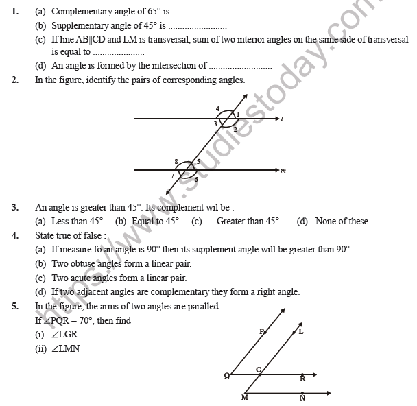 Class 7 Maths Lines and Angles Worksheet
