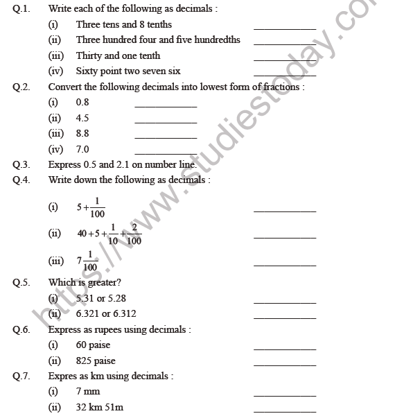 Cbse Class 6 Maths Decimals Worksheets