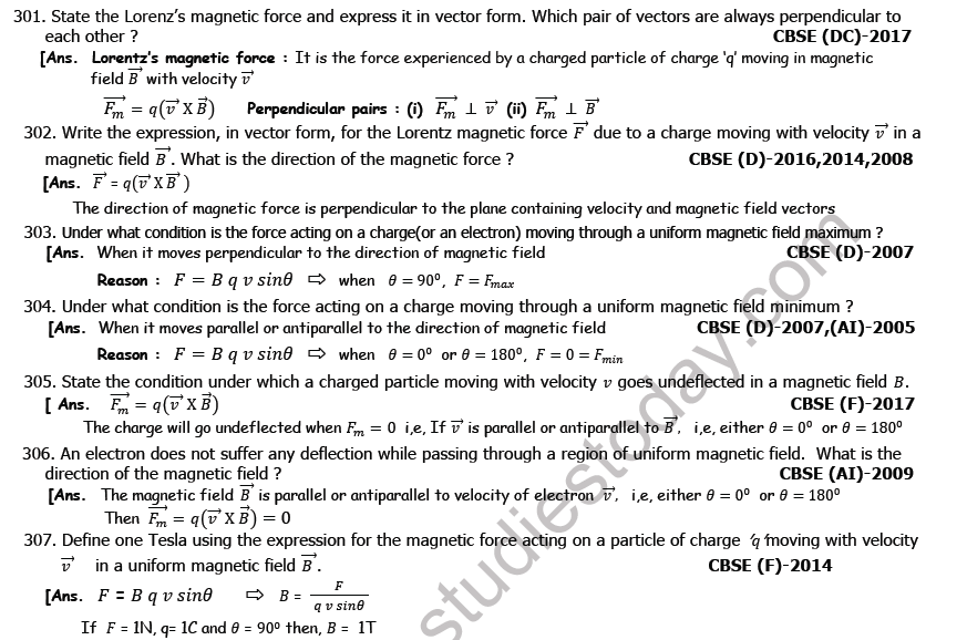 CBSE Class 12 Physics Moving Charges And Magnetism Worksheet