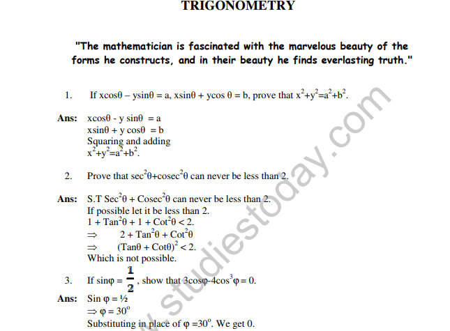 Cbse Class 10 Mathematics Hots Trigonometry - 