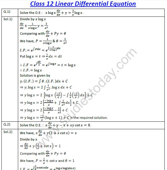 CBSE Class 12 Mathematics Linear Differential Equations 1 Practice Worksheet For Differentials