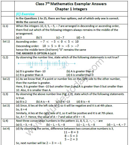 NCERT Exemplar Solutions Class 7 Maths Integers