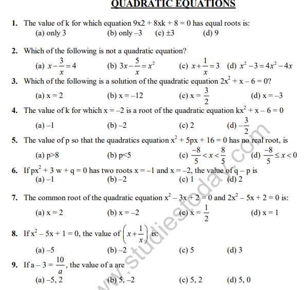 Maths Objective Questions For Class 10